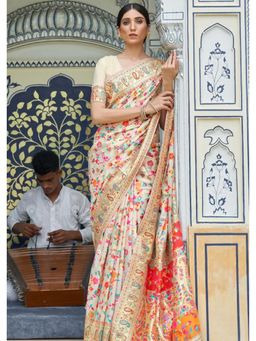 Kartika - White Kashmiri Saree with Unstitched Blouse