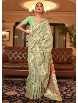 Kartika - Pista Green Kashmiri Saree with Unstitched Blouse