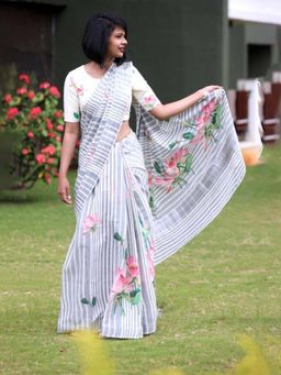 Kartika - Grey Cotton Indie Floral Saree with Unstitched Blouse
