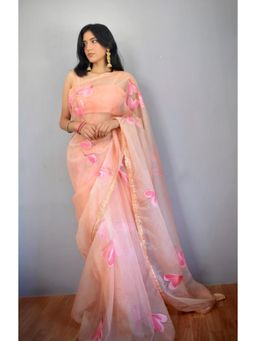 Label Kanupriya - Neon Peach Hand Painted Organza Saree with Unstitched Blouse