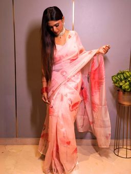 Label Kanupriya - Flamingo Organza Saree with Unstitched Blouse
