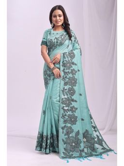 Mysilklove - Sea Blue Woven Linen Cotton Saree with Unstitched Blouse