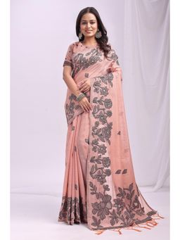 Mysilklove - Pum Peach Woven Linen Cotton Saree with Unstitched Blouse