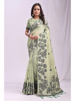 Mysilklove - Mint Green Woven Linen Cotton Saree with Unstitched Blouse