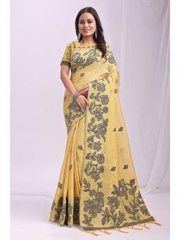 Mysilklove - Lemon Yellow Woven Linen Cotton Saree with Unstitched Blouse