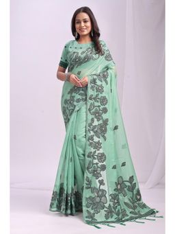 Mysilklove - Rama Green Woven Linen Cotton Saree with Unstitched Blouse