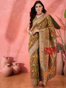 Kartika - Olive Jamdani Pashmina Saree with Unstitched Blouse
