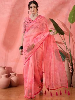 Kartika - Pink Sequinned Embellished Florals Saree with Unstitched Blouse