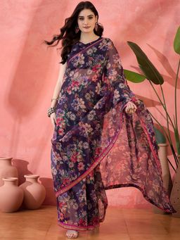 Kartika - Navy Blue Embroidered Saree with Unstitched Blouse