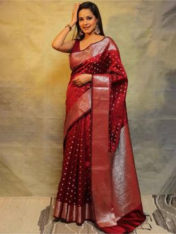 Lush Glam - Maroon Premium Jacquard Saree with Unstitched Blouse