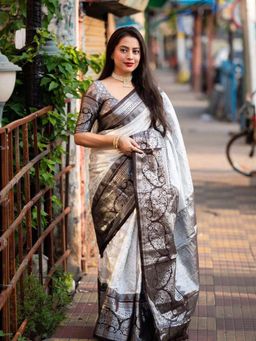 Lush Glam - White Jacquard Saree with Unstitched Blouse