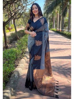 Lush Glam - Grey Jacquard Saree with Unstitched Blouse