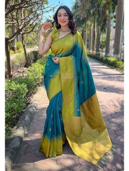 Lush Glam - Blue Elegant Jacquard Saree with Unstitched Blouse