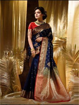 Lush Glam - Navy Blue Jacquard Saree with Unstitched Blouse