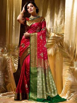 Lush Glam - Pink Jacquard Saree with Unstitched Blouse