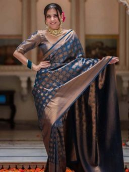 Lush Glam - Blue Jacquard Saree with Unstitched Blouse