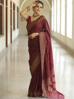 Lush Glam - Maroon Premium Jacquard Saree with Unstitched Blouse