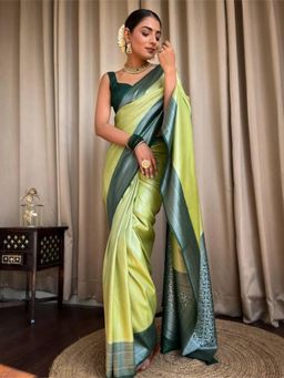 Lush Glam - Green Gorgeous Jacquard Saree with Unstitched Blouse