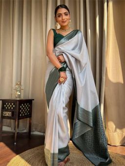 Lush Glam - Grey Gorgeous Jacquard Saree with Unstitched Blouse