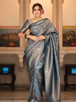 Lush Glam - Blue Sophisticated Jacquard Saree with Unstitched Blouse