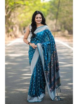 Lush Glam - Blue All-Eyes-On-You Jacquard Saree with Unstitched Blouse