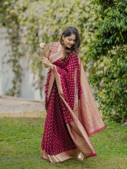 Lush Glam - Maroon Premium Ethnic Jacquard Saree with Unstitched Blouse