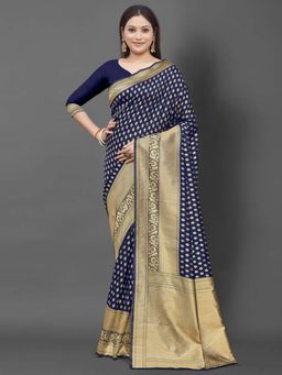Akhilam - Women Silk Blend Navy Blue Celebrity Saree with Unstitched Blouse