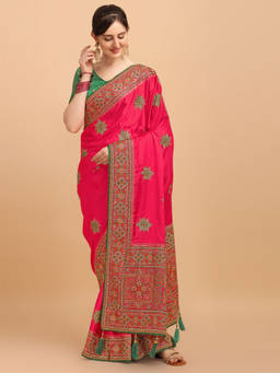Amrutam Fab - Womens Embroidered Silk Pink Saree With Unstitched Blouse Piece