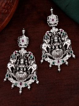 Estele - Rhodium Plated CZ Lakshmi Devi with Elephants Designer Earrings for Women