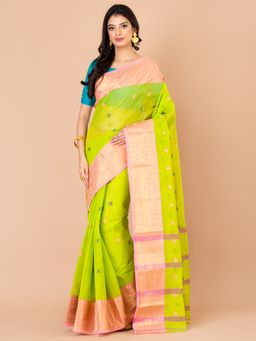 LAA CALCUTTA - Green & Pink Pure Cotton Tant Saree