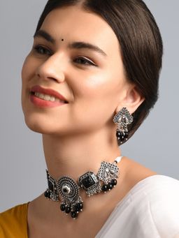 Fida - Ethnic Silver Plated Oxidised Black Beaded Peacock Jewellery Set for Women
