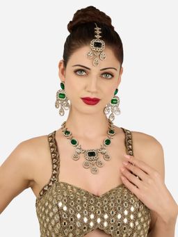 Zaveri Pearls - Green Stones Diamonds Antique Necklace Earring Maangtikka Set-Zpfk21940