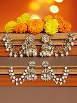 Zaveri Pearls - Pair of 2 Gold Tone Stones Beads Ear Chain Jhumka Earrings-ZPFK22073