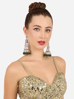 Zaveri Pearls - Green Bead Antique Oxidised Elephant Statement Jhumka Earring-ZPFK22231