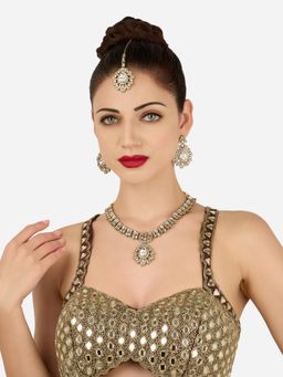 Zaveri Pearls - Antique Gold Diamonds Stones Necklace Earring Maangtikka Set-Zpfk22246
