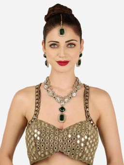 Zaveri Pearls - Green Stones Diamonds Necklace Earring and Maangtikka Set-ZPFK22247