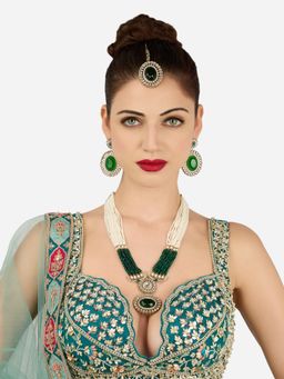 Zaveri Pearls - Green Stones Multistrand Antique Necklace Earring Maangtikka-ZPFK22248