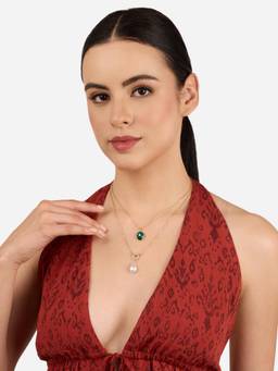 Zaveri Pearls - Green Stone Pearl Drop Contemporary Layered Necklace-Zpfk22268