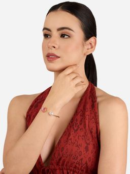 Zaveri Pearls - Pink Enamel Flower Diamond and Pearl Contemporary Cuff Bracelet-Zpfk22286