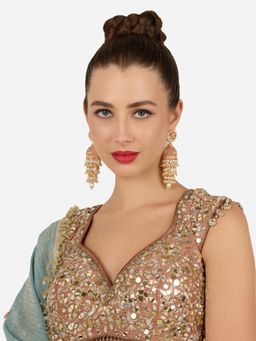 Zaveri Pearls - Peach Dazzling Stones Beads Drop Ethnic Layered Jhumka Earring-Zpfk22302