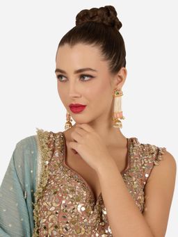 Zaveri Pearls - Pink Green Stones Multistrand Pearl Lotus Drop Jhumka Earring-Zpfk22303