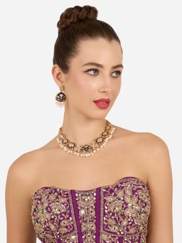 Zaveri Pearls - Blue Meenakari Lotus Kundan and Pearls Necklace and Earring Set-Zpfk22306