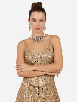 Zaveri Pearls - Green Stones Diamonds Multistrand Choker Necklace Earring Set-ZPFK22311