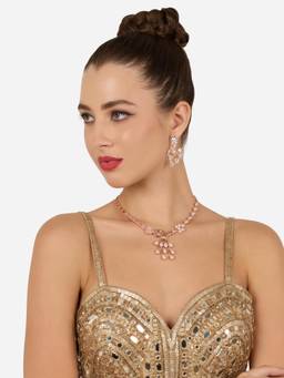Zaveri Pearls - Rose Gold Cubic Zirconia Contemporary Necklace and Earring Set-ZPFK22312