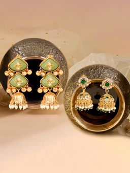 Zaveri Pearls - Pair of 2 Green Stones Beads Festive Jhumka Earrings-ZPFK22342