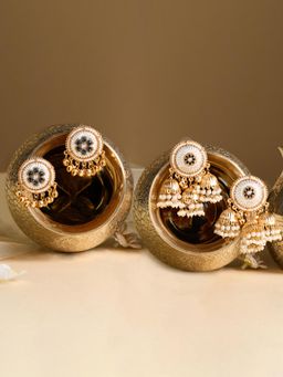 Zaveri Pearls - Pair of 2 Gold Silver Tone Ethnic Statement Jhumka Earrings-ZPFK22344