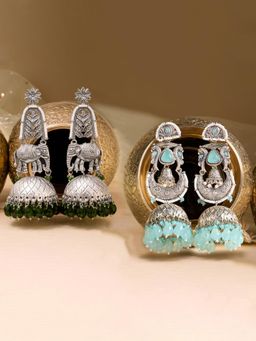Zaveri Pearls - Pair of 2 Turquoise Blue Green Oxidised Jhumka Earrings-ZPFK22353