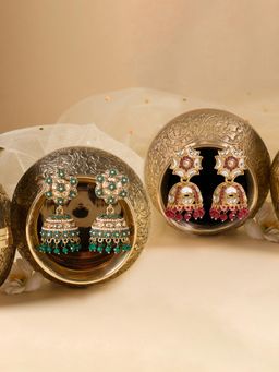 Zaveri Pearls - Pair of 2 Green Maroon Stones Beads Antique Jhumka Earrings-ZPFK22358