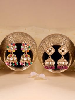 Zaveri Pearls - Pair of 2 Multicolor Stones Beads Antique Jhumka Earrings-ZPFK22359