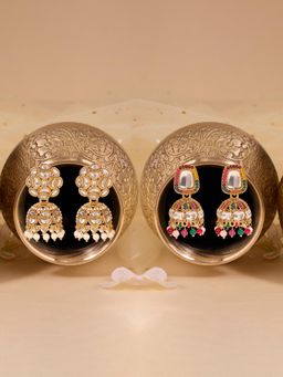 Zaveri Pearls - Pair of 2 Multicolor Stones Beads Antique Jhumka Earrings-ZPFK22360